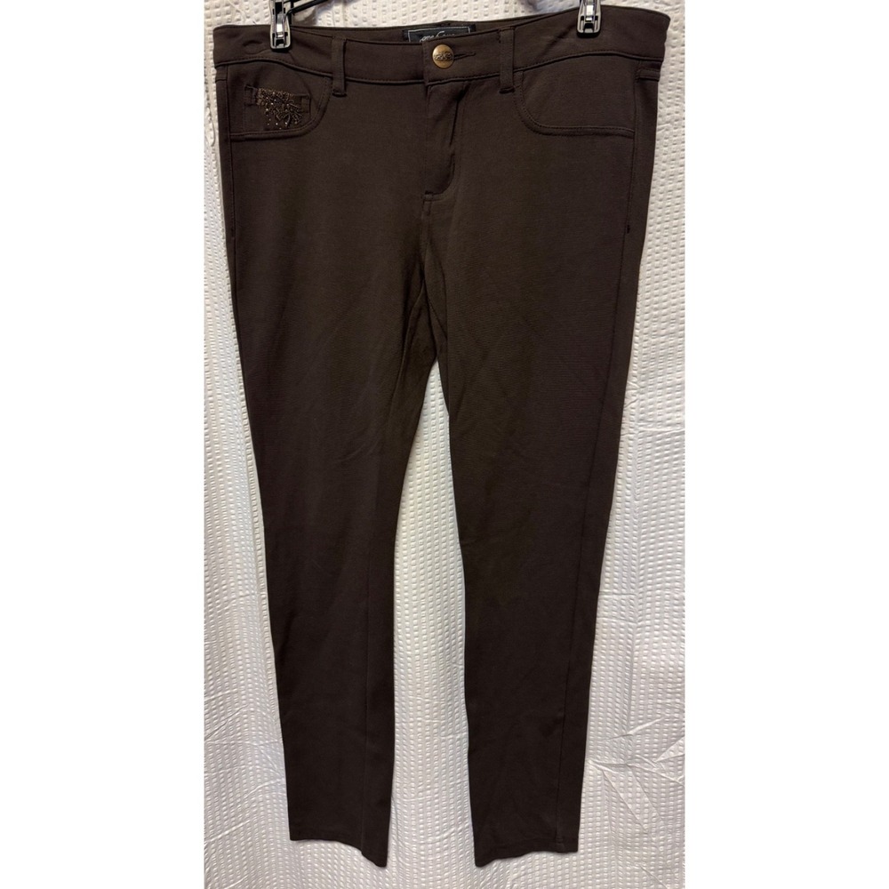 Women's One5One Brown Ultra Soft Stretchy Slacks Sz 8 Rhinestones Embroidered